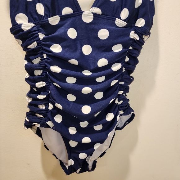 DKNY women's Navy Blue One Polka Dot  Piece Swimmer size 7 - Picture 2 of 10